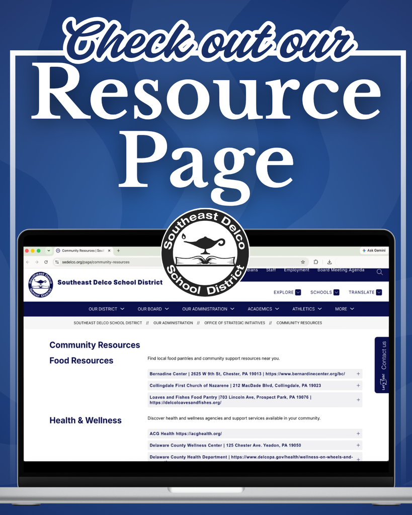Website screenshot promoting the Southeast Delco School District's community resource page with food and health support listings.