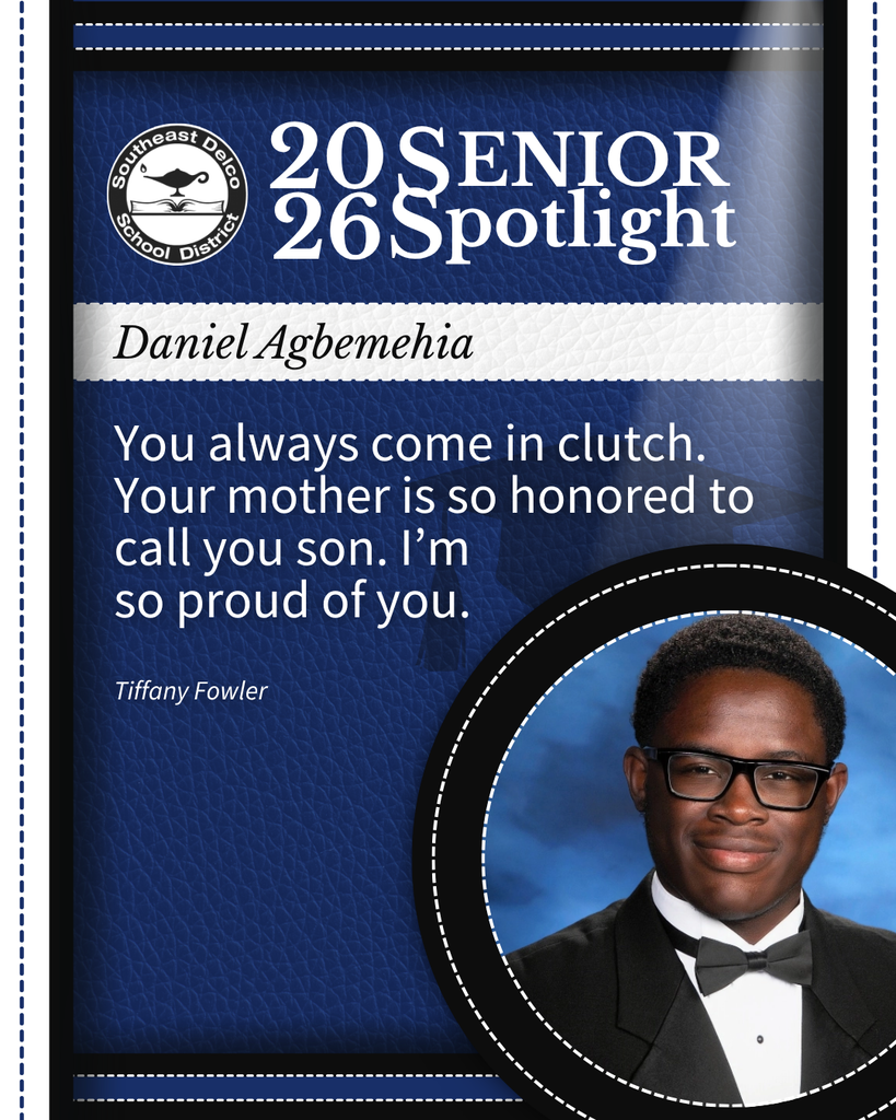 Senior spotlight for Daniel Agbemehia with a proud message from Tiffany Fowler on a blue textured background.