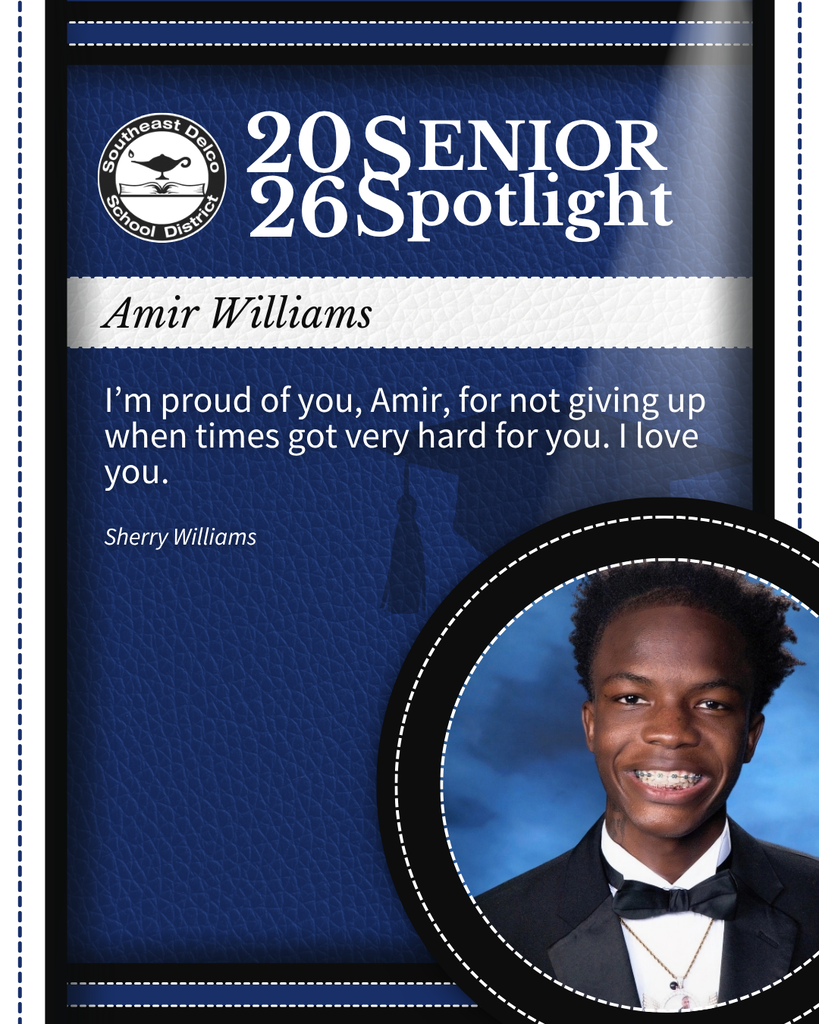 2026 Senior Spotlight for Amir Williams with a message of pride and love from Sherry Williams on a blue textured background.