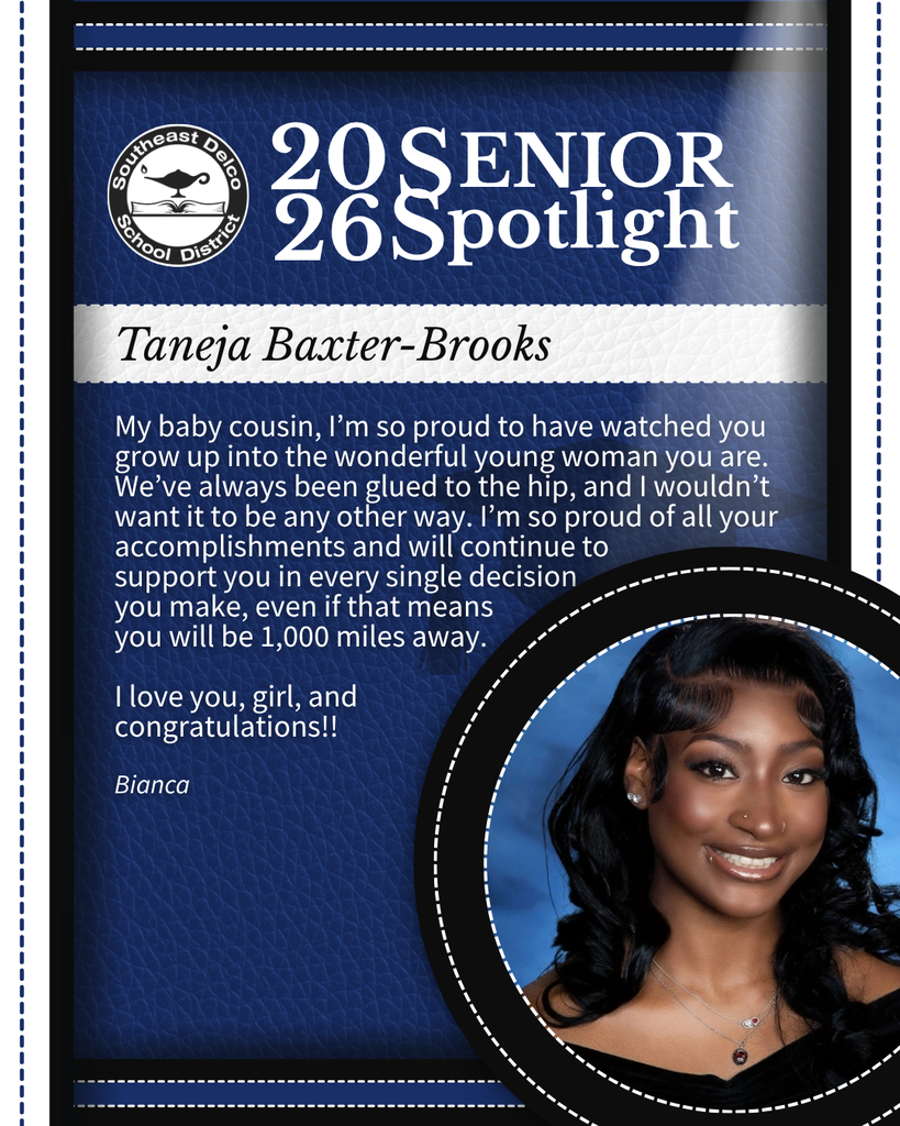 Senior spotlight for Taneja Baxter-Brooks featuring a heartfelt congratulatory message from her cousin Bianca on a blue textured background.