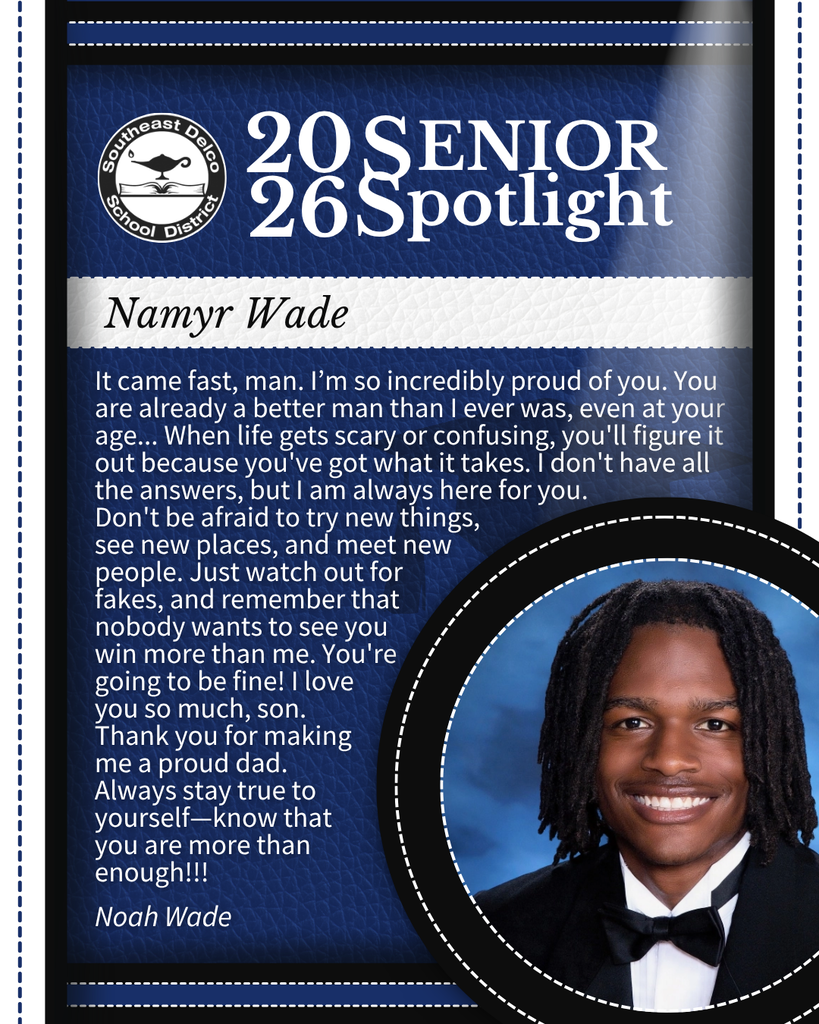 Senior spotlight featuring Namyr Wade with a heartfelt message from his father expressing pride and encouragement.