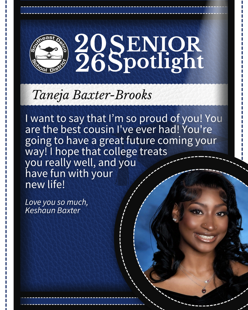 Senior spotlight featuring Taneja Baxter-Brooks with a heartfelt message expressing pride and well wishes for college life.