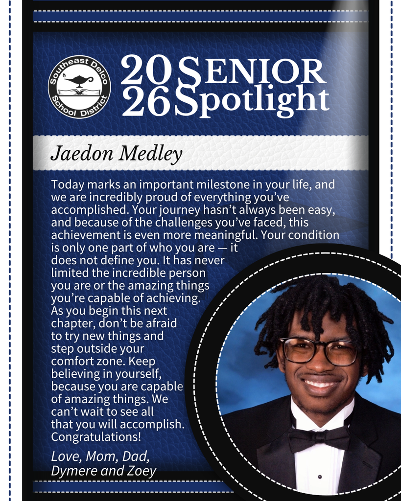 Jaedon Medley smiling in formal attire featured in the Southeast Delco School District 2026 Senior Spotlight with a heartfelt message celebrating his milestone and potential.