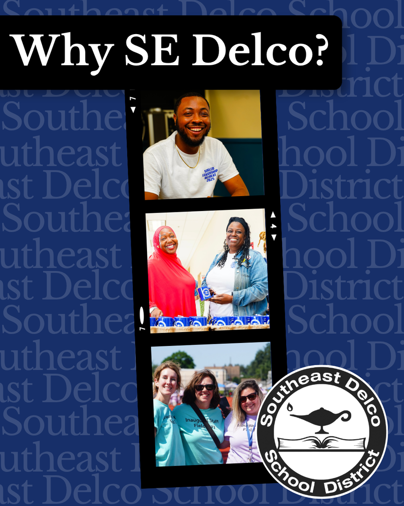 Smiling Southeast Delco staff members featured in a filmstrip layout promoting the school district.