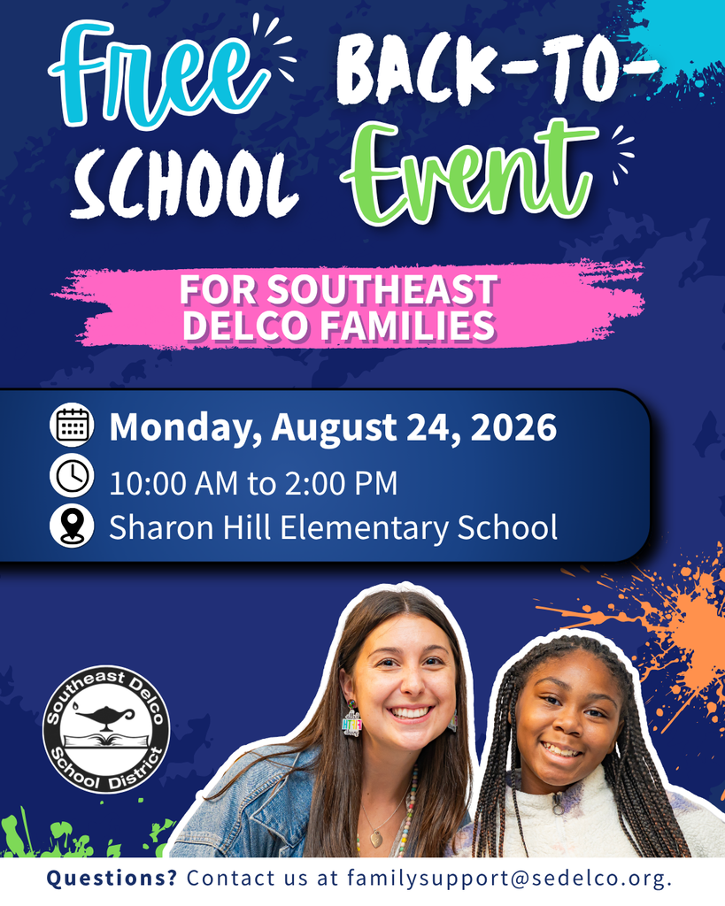 Free back-to-school event for Southeast Delco families on August 24, 2026, at Sharon Hill Elementary from 10 AM to 2 PM.