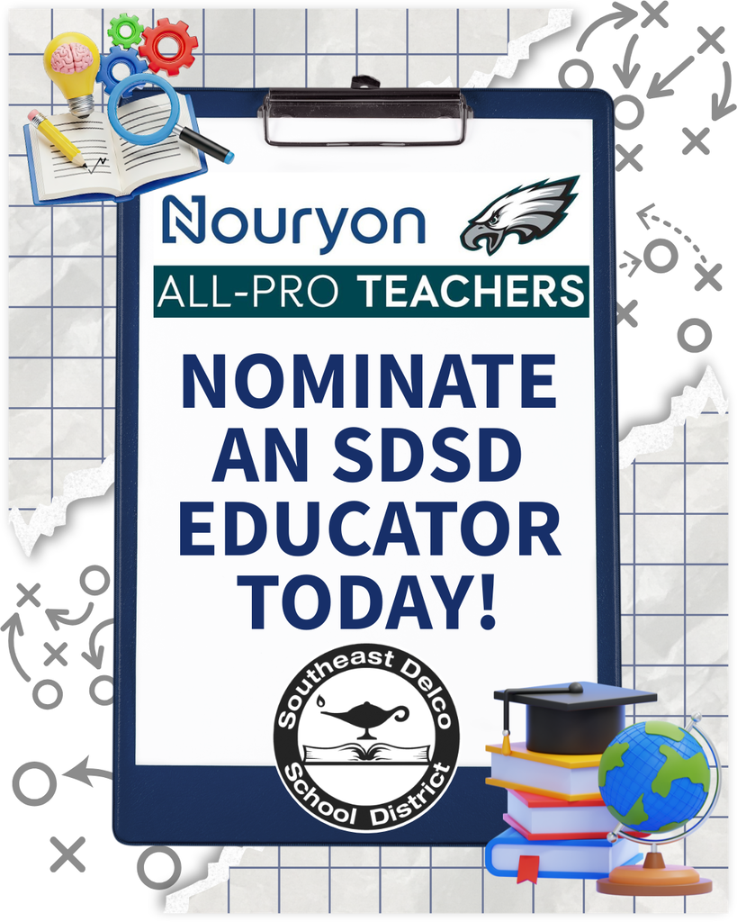 Clipboard with a call to nominate an SDSD educator, featuring Nouryon and Southeast Delco School District logos and education-themed icons.