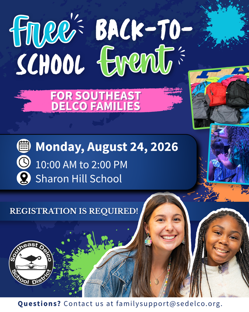 Free back-to-school event for Southeast Delco families on August 24, 2026, at Sharon Hill School from 10 AM to 2 PM with registration required.