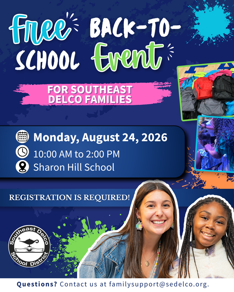 Free back-to-school event for Southeast Delco families on August 24, 2026, at Sharon Hill School from 10 AM to 2 PM, registration required.