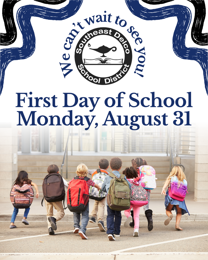 Seven young children with backpacks eagerly run toward school steps on the first day, August 31, in Southeast Delco School District.