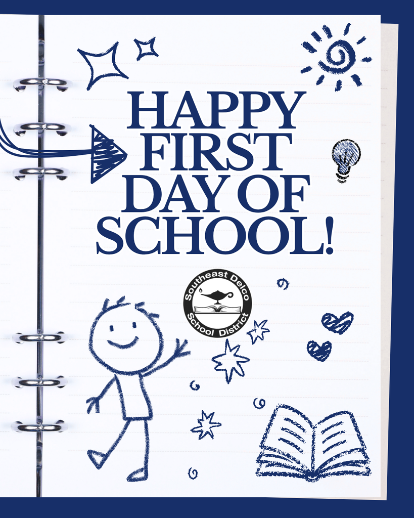 Notebook page with 'Happy First Day of School!' in bold letters surrounded by doodles of a stick figure, stars, hearts, sun, and a lightbulb.