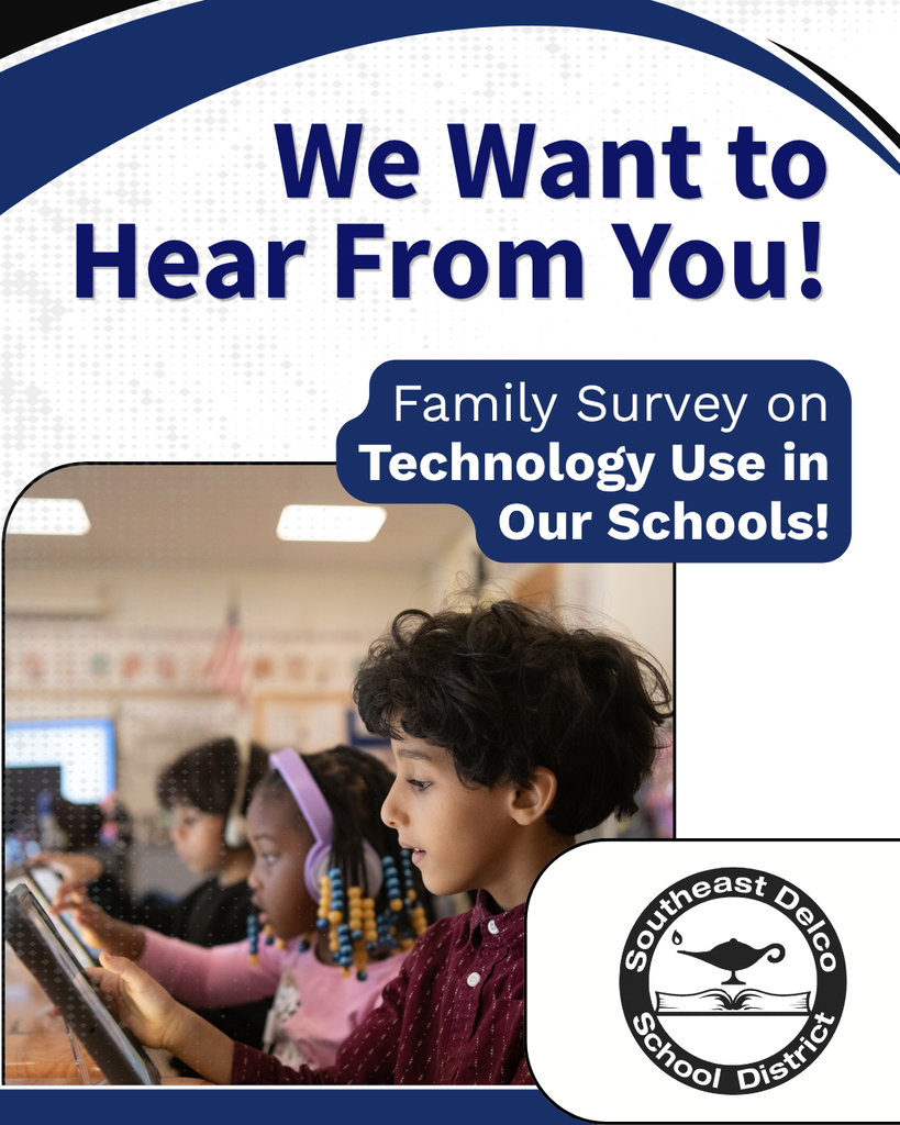 Children in a classroom using tablets, encouraging families to participate in a technology use survey for schools.