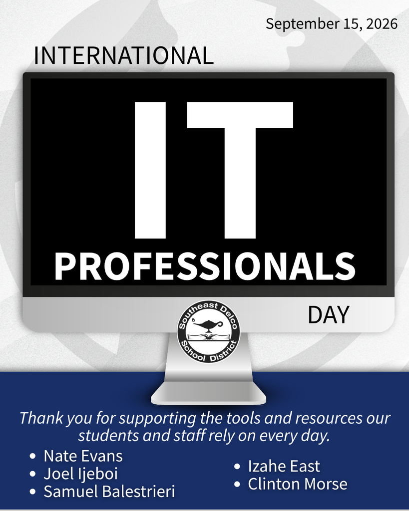 Computer monitor displaying 'IT Professionals' for International IT Professionals Day on September 15, 2026, with Southeast Delco School District logo below.