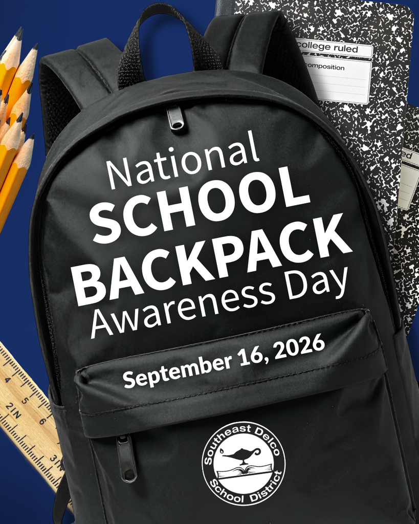 Black backpack with text promoting National School Backpack Awareness Day on September 16, 2026, surrounded by pencils, ruler, and notebooks.