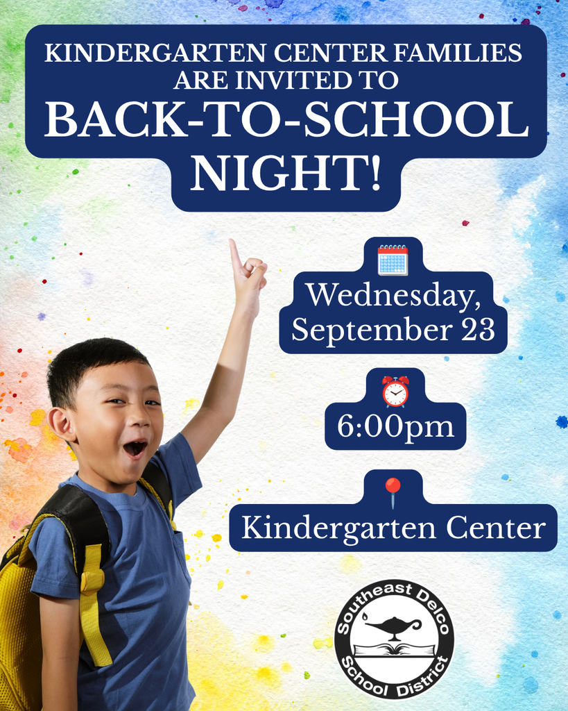 Excited young boy with backpack pointing up, inviting families to Kindergarten Center's Back-to-School Night on September 23 at 6 pm.