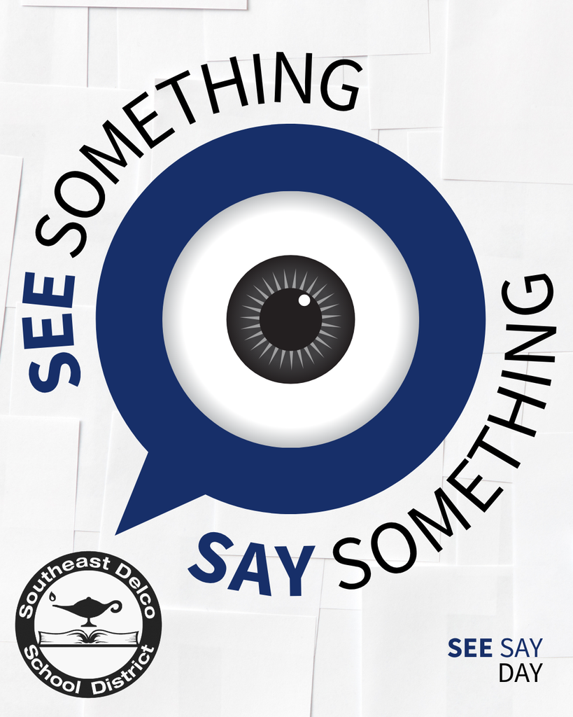 Illustration featuring a central eye within a speech bubble, surrounded by the phrase 'See Something Say Something' promoting awareness.