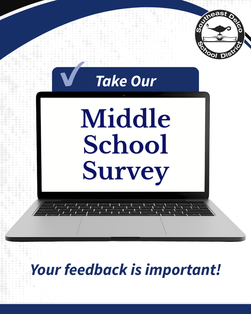 Laptop screen displays 'Middle School Survey' encouraging participation with 'Your feedback is important!' message.