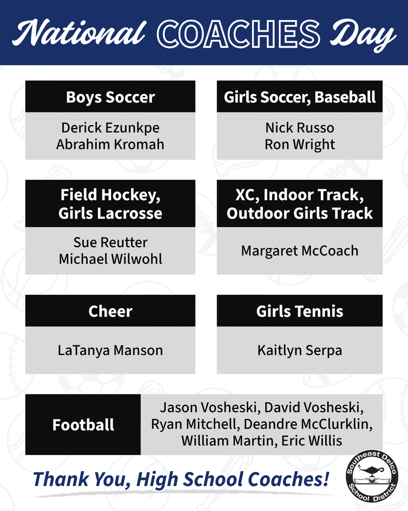 List of high school coaches honored for National Coaches Day with names and sports including soccer, baseball, field hockey, lacrosse, track, cheer, tennis, and football.