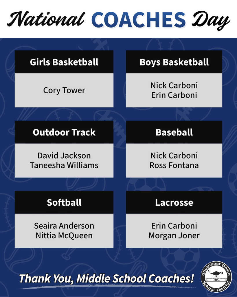 List of middle school coaches for Girls Basketball, Boys Basketball, Outdoor Track, Baseball, Softball, and Lacrosse honoring National Coaches Day.