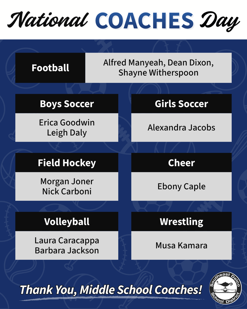 List of middle school coaches honored for National Coaches Day, including football, soccer, field hockey, cheer, volleyball, and wrestling coaches.