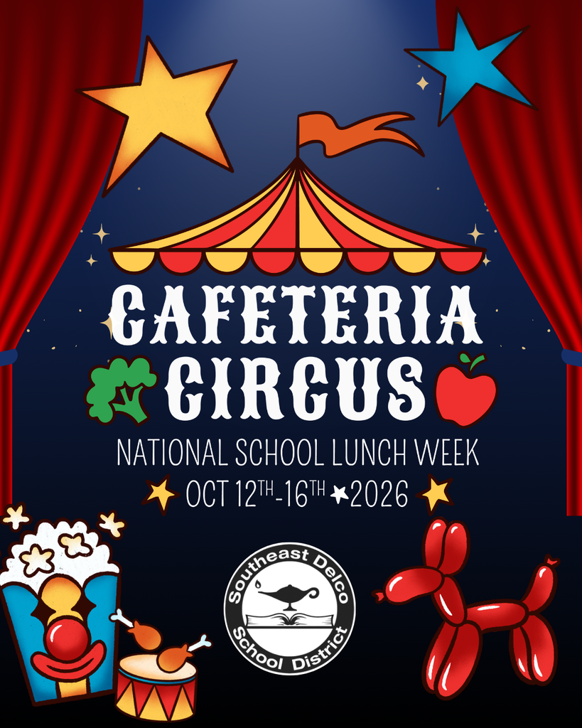 Colorful circus tent with text promoting National School Lunch Week from Oct 12-16, 2026, featuring popcorn, a balloon dog, and school district logo.