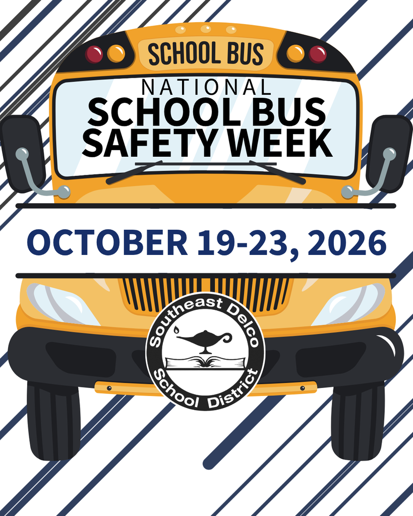 Front view of a yellow school bus promoting National School Bus Safety Week from October 19-23, 2026, with Southeast Delco School District logo.