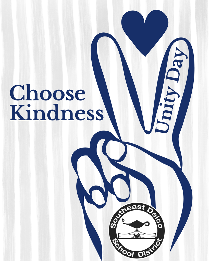 Blue hand making a peace sign with a heart above and the words 'Choose Kindness' and 'Unity Day' on a light striped background.
