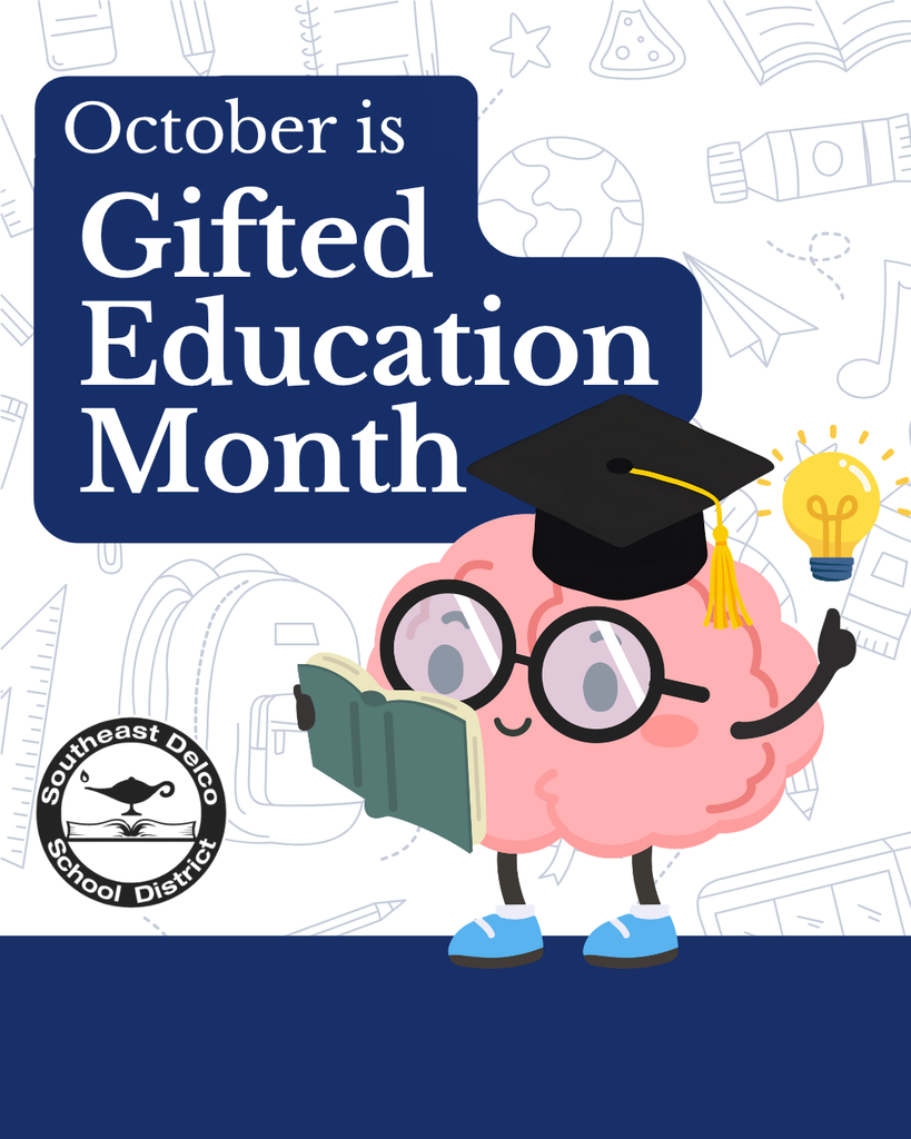 Illustration of a brain wearing glasses and a graduation cap, holding a book and a glowing light bulb, with text announcing October as Gifted Education Month.