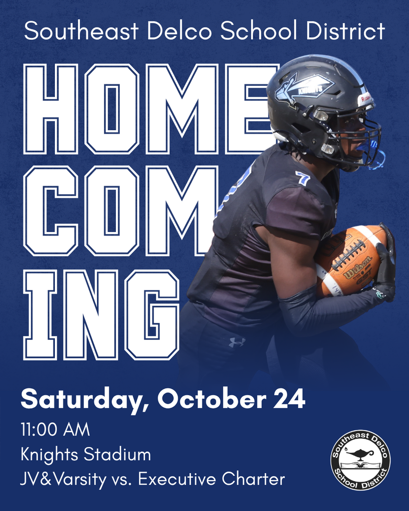 Southeast Delco football player in black uniform holding ball, promoting Homecoming game on October 24 at Knights Stadium.