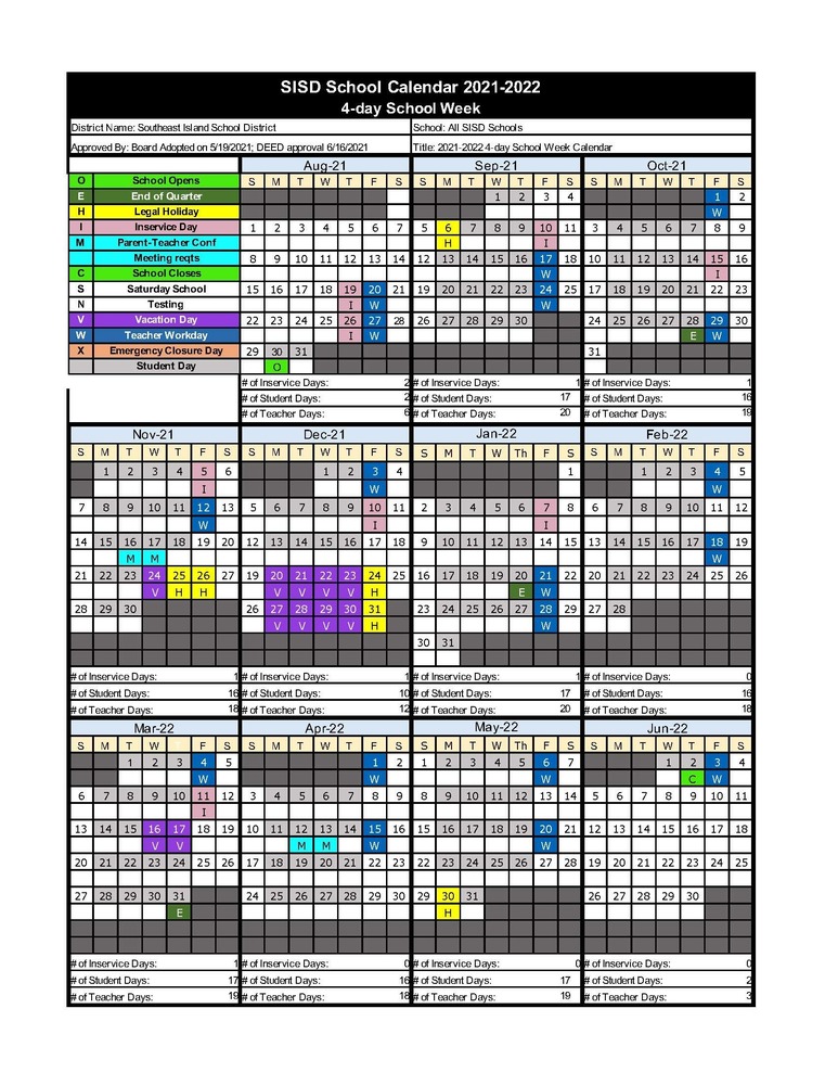 2021-2022 Calendar for All SISD Schools | Southeast Island School District