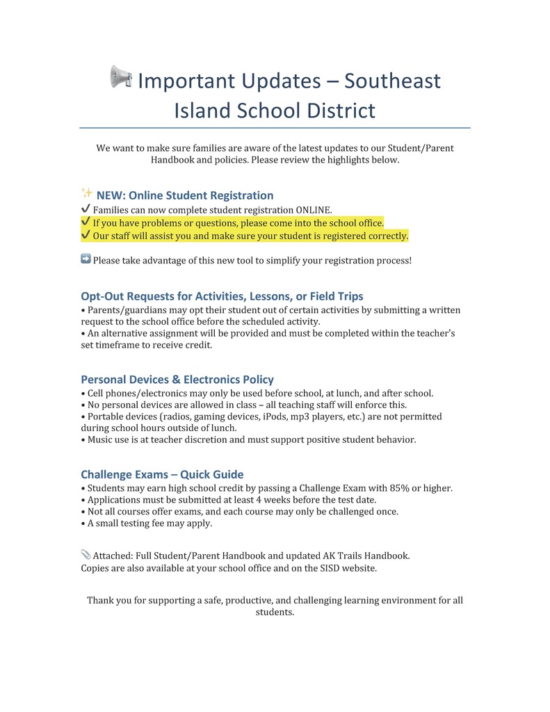 Student and Parents Update