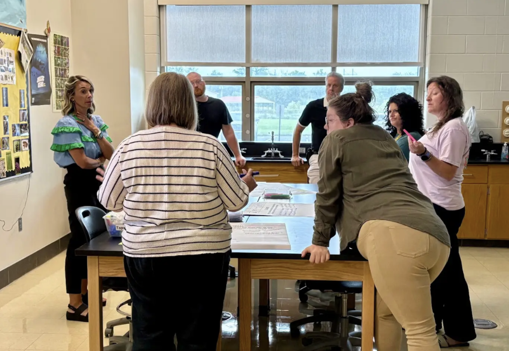 Image of teachers in a classroom discussing a solution to a problem