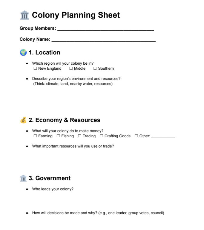 Colony Planning sheet