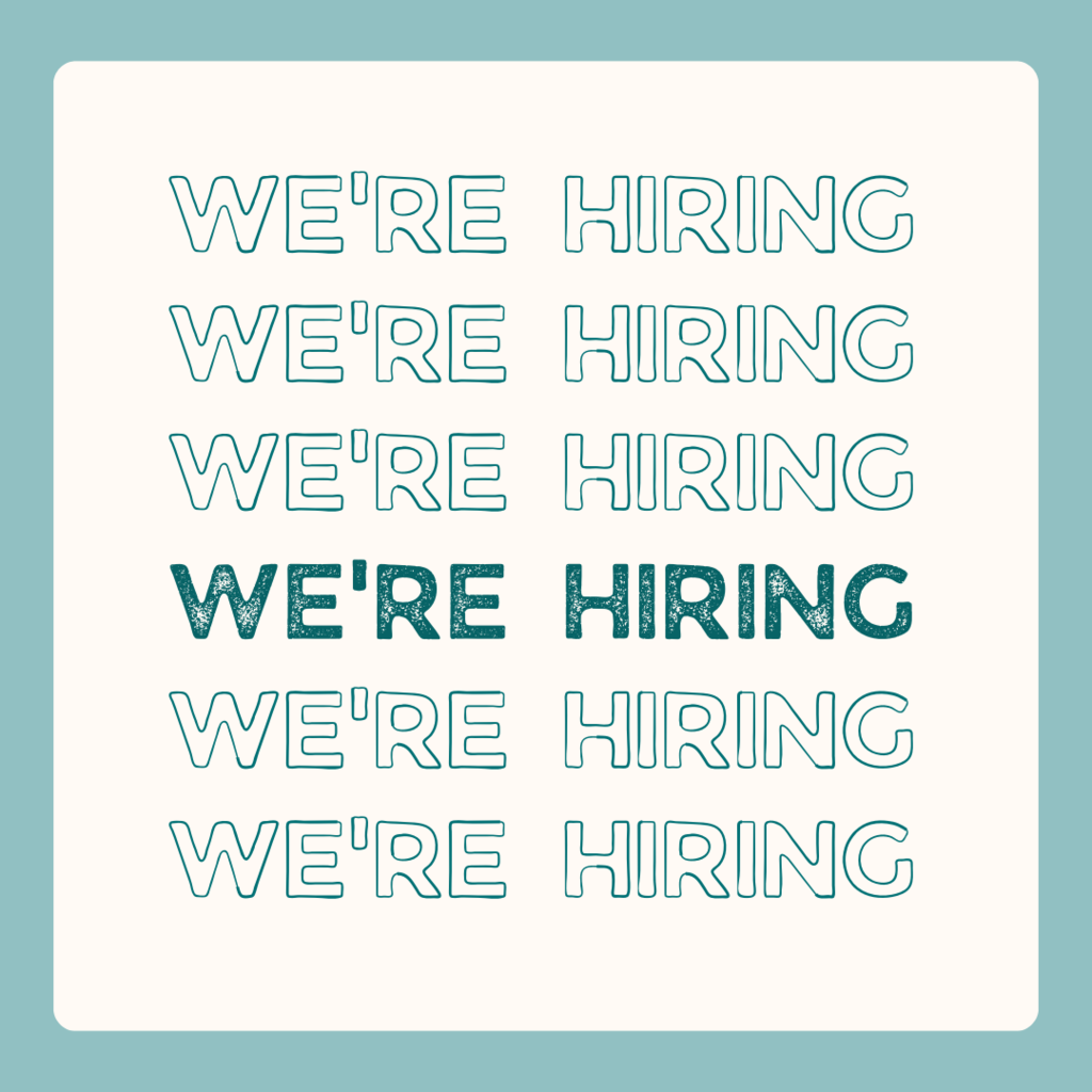 We're Hiring white background with green writing
