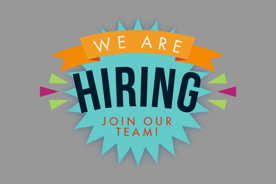 Gray background, we are hiring in orange with blue burst