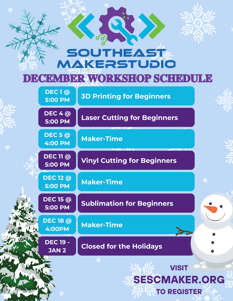 SESC MakerStudio December Workshop Schedule