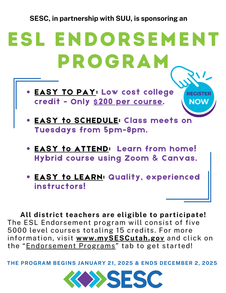 Southeast Education Service Center ESL (MLL) Endorsement Program flyer which includes registration information.
