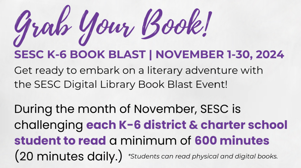 Image of a phone showing library shelves. The text explains that Book Blast event that SESC is sponsoring during the month of November.