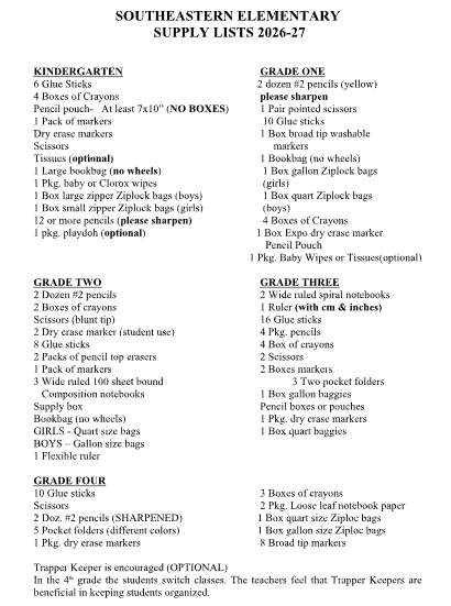 Elementary Supply list