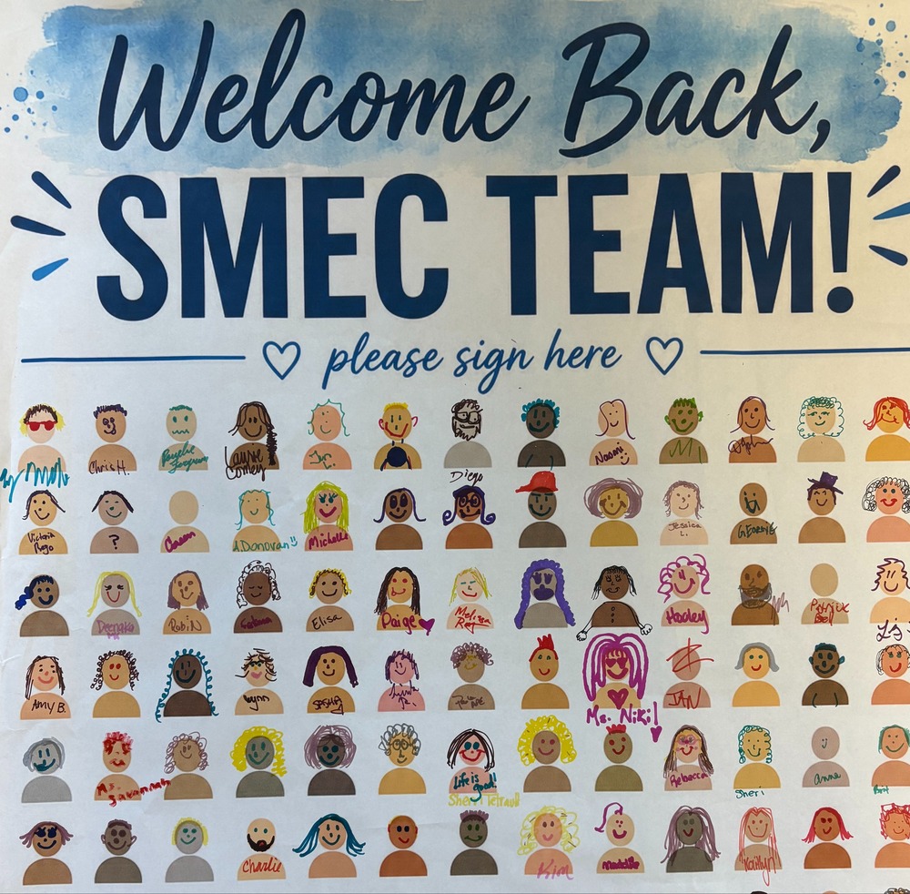 A sign with a light blue top banner reading "Welcome Back, SMEC TEAM!" in large dark blue text, framed by small decorative lines on either side. Below the header, centered between two heart outlines, is the cursive text "please sign here" above a dark blue line. The main area of the poster displays a grid of blank avatar outlines filled in with hand-drawn hairstyles, facial expressions, and written names in various colorful markers. The signatures and illustrations are arranged across six rows: Row 1: 13 avatar figures showing a range of hairstyles, hair colors (brown, blonde, green, black, red), facial features, glasses, and names including Chris H., Laurie Comey, Diego, Naomi, and Steph. Row 2: 13 avatar figures including signatures/names such as Victoria Rego, ?, A. Donovan, Michelle, Jessica L., and GEORGE. Row 3: 13 avatar figures featuring drawn hair styles and signed names including Deenaka, Rubi N, Elisa, Paige ♥, Melissa RET, Hadley, Patrick Bell, and LJ S. Row 4: 13 avatar figures with details like curly hair, braided hair, and names including Amy B., Lynn, Sasha, Ms. Niki!, and Jan. Row 5: 13 avatar figures including drawings with red, brown, yellow, and blonde hair, featuring signatures such as Ms. Savannah, Life is good! Sheri Tetrault, Rebecca, Sheri, Anne, and Britt. Row 6: 12 avatar figures along the bottom row with various drawn expressions and names including Charlie, Kim, Maddie, and Kaitlyn.