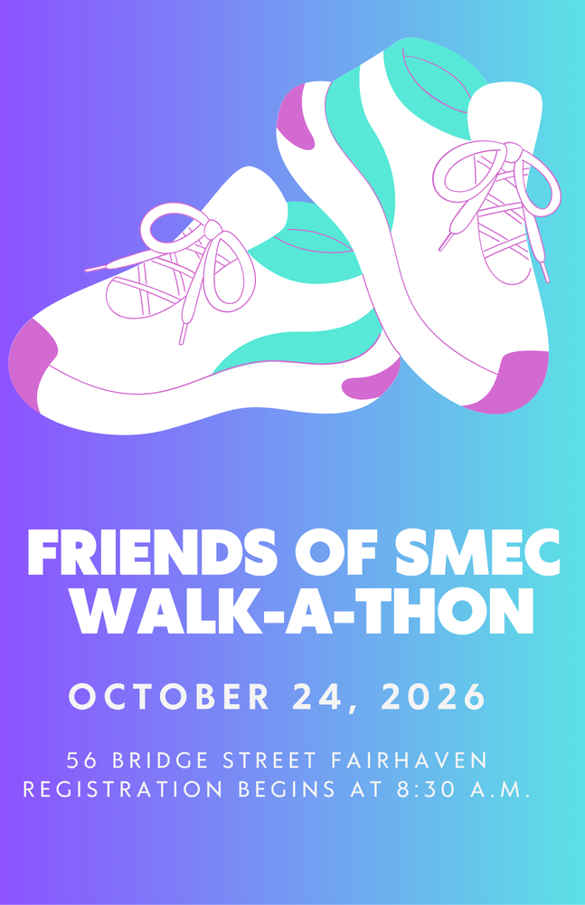 A vibrant vertical poster featuring a gradient background transitioning from purple at the top to cyan/light blue at the bottom. At the top, there is a prominent line art graphic of a pair of retro white sneakers with teal and pink/purple accents. Key Details Event Title: FRIENDS OF SMEC WALK-A-THON Date: OCTOBER 24, 2026 Location: 56 BRIDGE STREET FAIRHAVEN Time: REGISTRATION BEGINS AT 8:30 A.M.