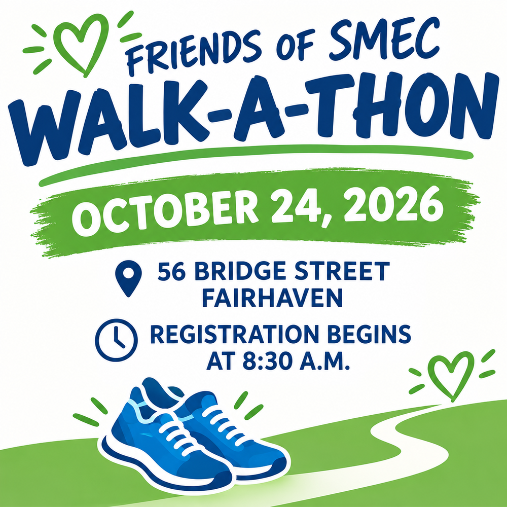 Friends of SMEC Walk-A-Thon flyer featuring a navy blue and green design with blue running shoes. The event takes place Saturday, October 24, 2026, at 56 Bridge Street in Fairhaven. Registration begins at 8:30 a.m.