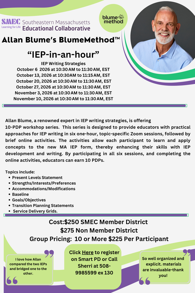 Picture of Allan Blume and the dates for the next IEP in an hour 6 series session
