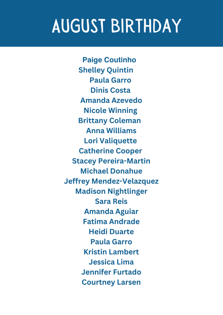 An image with a blue header that reads "AUGUST BIRTHDAY" in white capital letters.