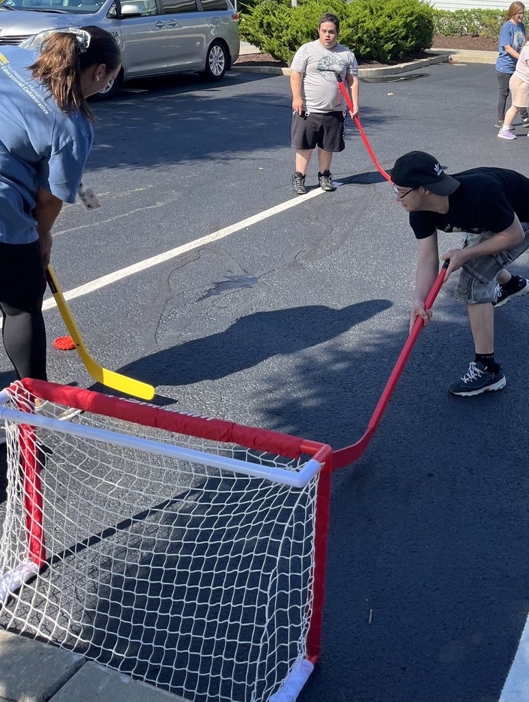 Group of men and women playing street hockey 