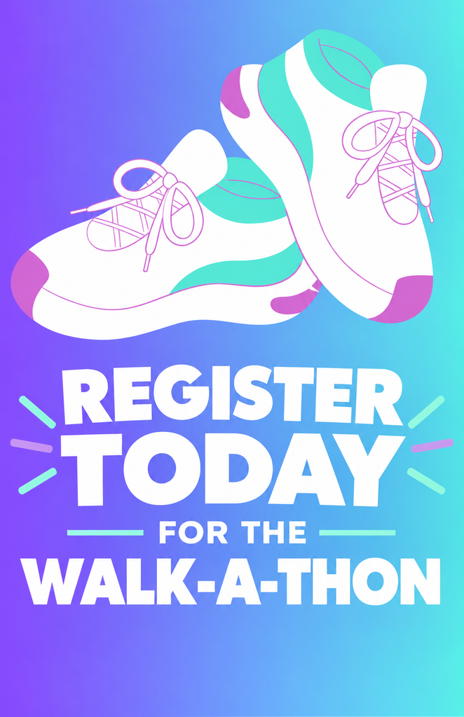 Bright, colorful promotional graphic for the Friends of SMEC Walk-A-Thon. Two white athletic sneakers with teal and purple accents appear against a purple-to-turquoise gradient background. Large bold white text reads, “REGISTER TODAY FOR THE WALK-A-THON