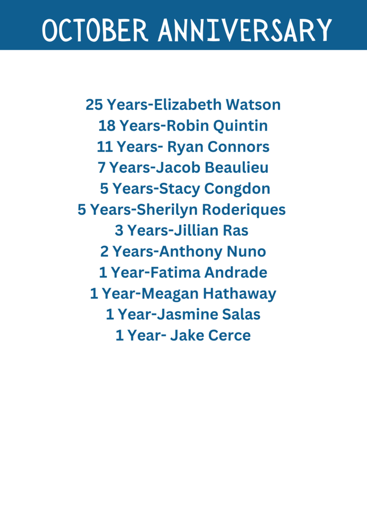 Graphic titled “October Anniversary” with a blue header and white background. It lists SMEC staff members celebrating work anniversaries in October:  25 years: Elizabeth Watson 18 years: Robin Quintin 11 years: Ryan Connors 7 years: Jacob Beaulieu 5 years: Stacy Congdon 5 years: Sherilyn Roderigues 3 years: Jillian Ras 2 years: Anthony Nuno 1 year: Fatima Andrade 1 year: Meagan Hathaway 1 year: Jasmine Salas 1 year: Jake Cerce