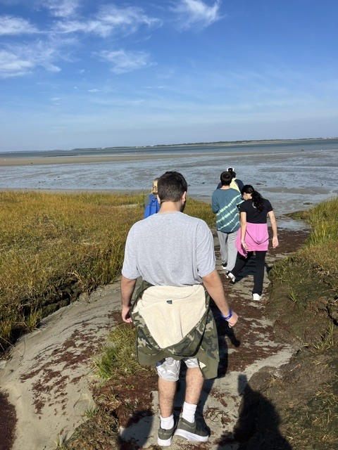 Students and teachers walking down to the shore in a line
