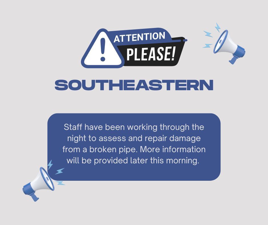 Two blue bullhorns and a blue exclamation point on a gray background.  White text is displayed in a blue text box announcing that a pipe has broken  in the high school and more information will be provided later in the day. 