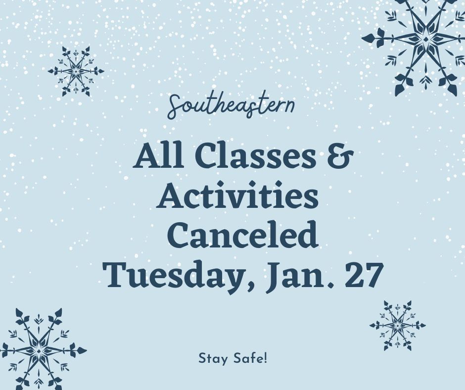 Greenish blue text on a light blue background with decorative snowflakes announcing that classes and activities are canceled on January 27, 2026. 