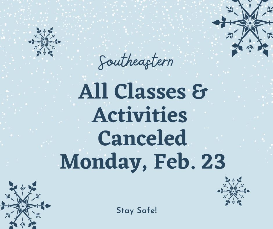 There is dark blue text on a light blue background with four decorative snowflakes. The image announces that school and activities are canceled on February 23.
